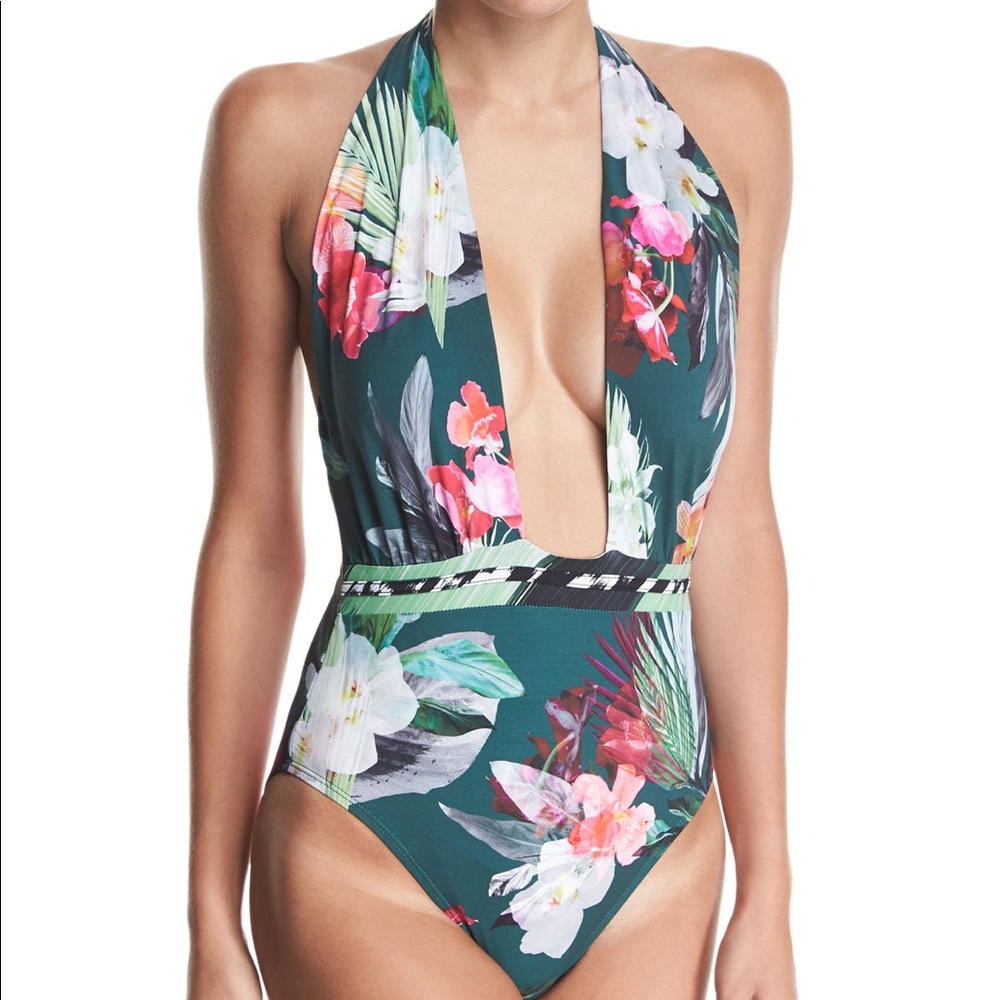 Floral Green Halter one piece swimsuit